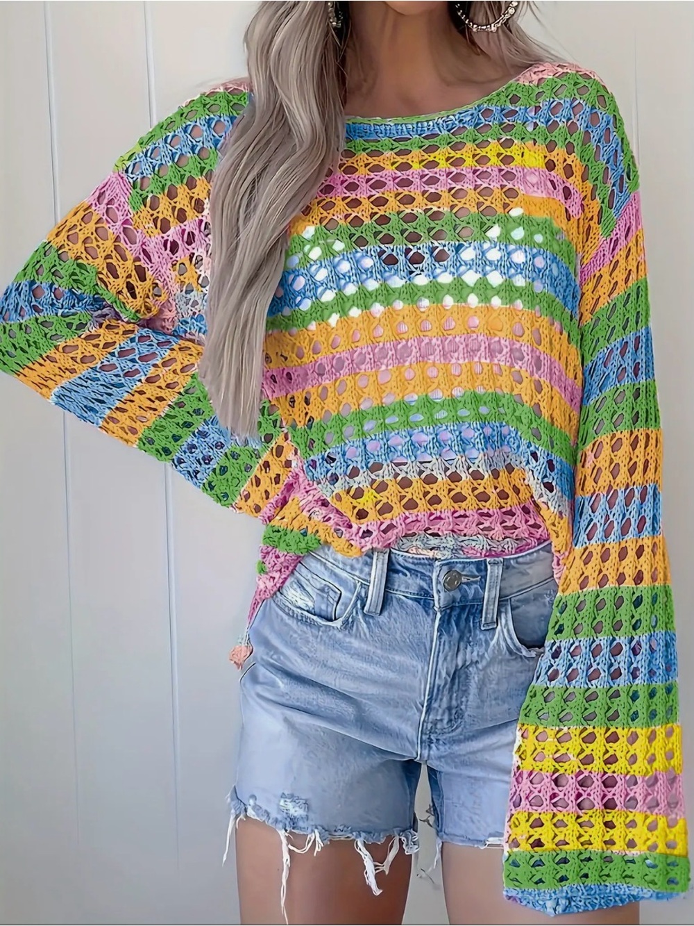 Colorful Crochet Open-Weave Sweater Top